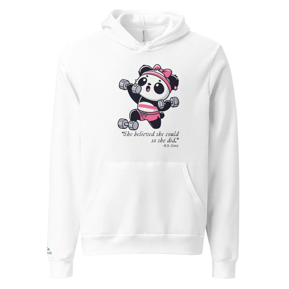 Damen-Hoodie in Weiß mit niedlichem Panda-Motiv und motivierendem Zitat – ideal für Fitness oder Freizeit