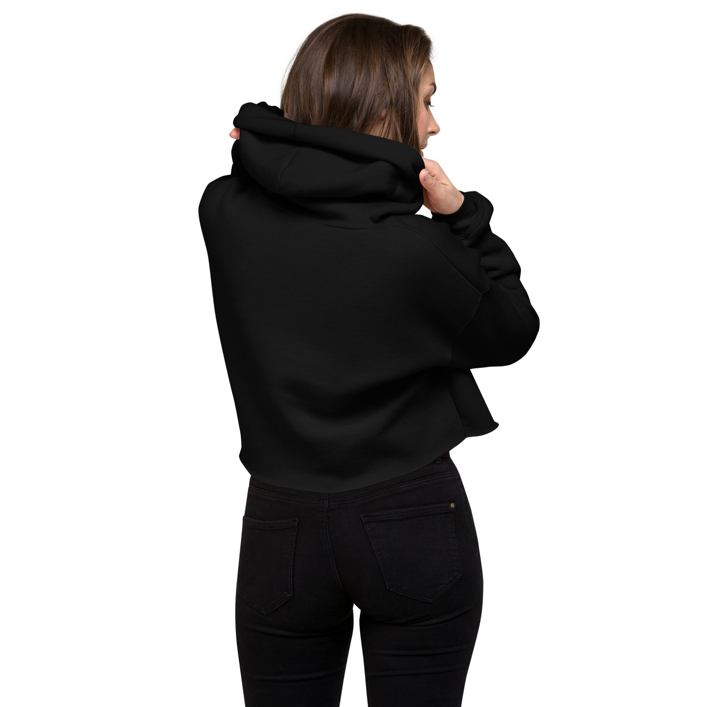 Crop-Hoodie für Damen | Farbe Schwarz, mit Boombox-Design, von hinten gesehen