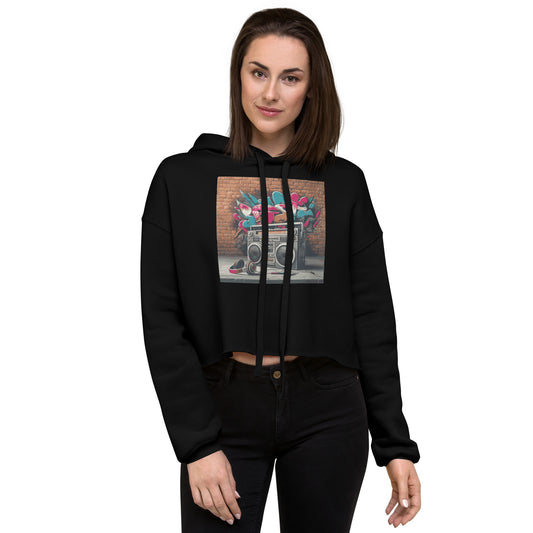 Crop-Hoodie für Damen | Farbe Schwarz, mit Boombox-Design