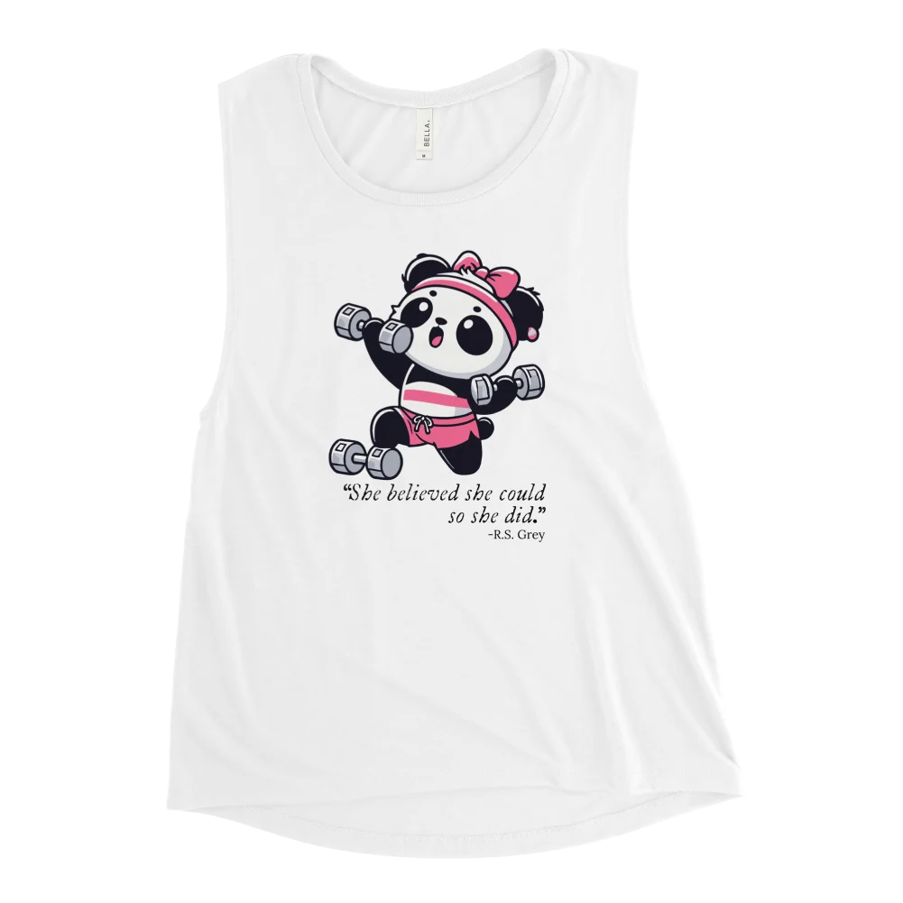 Damen-Sporttanktop mit Panda-Design und dem Zitat: ‚She believed she could, so she did