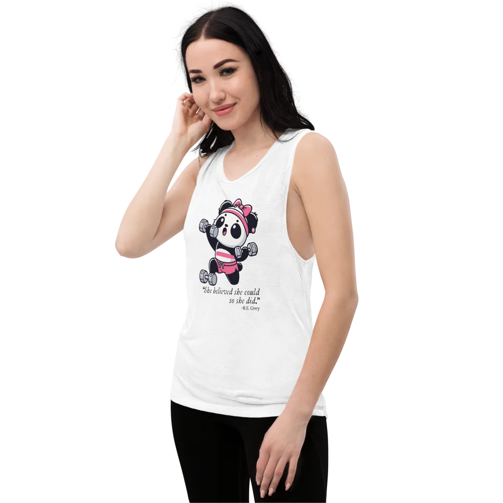 Weißes Damen-Tanktop mit Panda-Illustration und inspirierendem Zitat – ideal für aktive Frauen